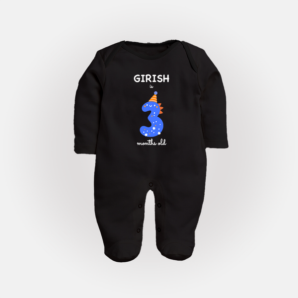 Milestone Full Sleeve Bodysuit/ Sleep Suit/ Jumpsuit for 3rd Month | Soft Cotton Personalized Full Sleeve Bodysuit/ Sleep Suit/ Jumpsuit | Unisex Design - BLACK - New Born (Chest 7.5")