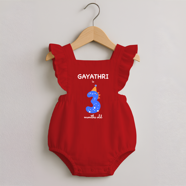 Milestone Romper Frock for 3rd Month | Soft Cotton Personalized Romper Frock | Unisex Design - RED - 0 - 3 Months Old (Chest 19")