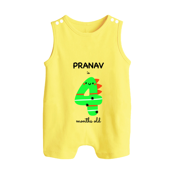 Milestone Romper Suit/ Sleeveless Romper for 4th Month | Soft Cotton Personalized Romper Suit/ Sleeveless Romper | Unisex Design - PASTEL YELLOW - 0 - 5 Months Old (Chest 18")