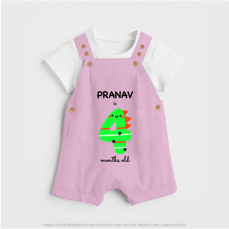 Milestone Dungaree Set for 4th Month | Soft Cotton Personalized Dungaree Set | Unisex Design - BABY PINK - 0 - 5 Months Old (Chest 18")