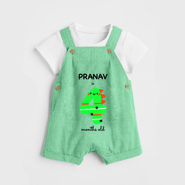 Milestone Dungaree Set for 4th Month | Soft Cotton Personalized Dungaree Set | Unisex Design - GREEN - 0 - 5 Months Old (Chest 18")