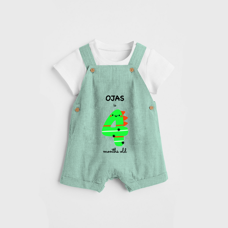 Celebrate The Fourth Month Birthday Custom Dungaree, Featuring with your Baby's name - LIGHT GREEN - 0 - 5 Months Old (Chest 17")