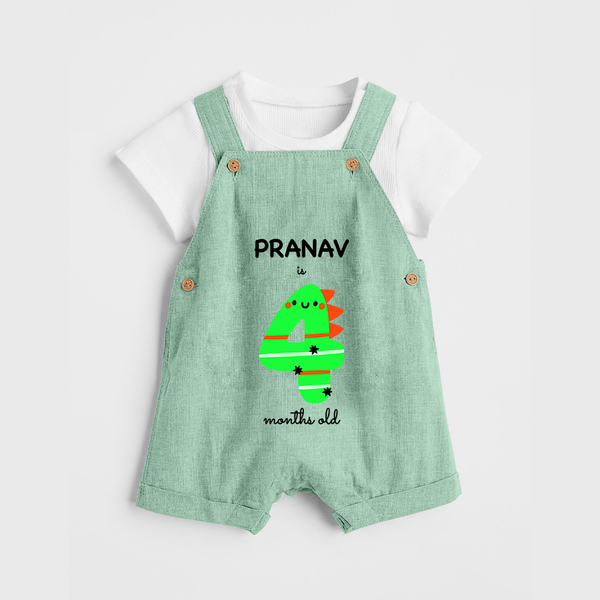 Milestone Dungaree Set for 4th Month | Soft Cotton Personalized Dungaree Set | Unisex Design - MINT GREEN - 0 - 5 Months Old (Chest 18")