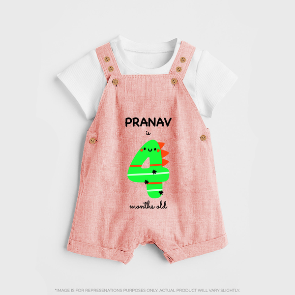 Milestone Dungaree Set for 4th Month | Soft Cotton Personalized Dungaree Set | Unisex Design - PEACH - 0 - 5 Months Old (Chest 18")