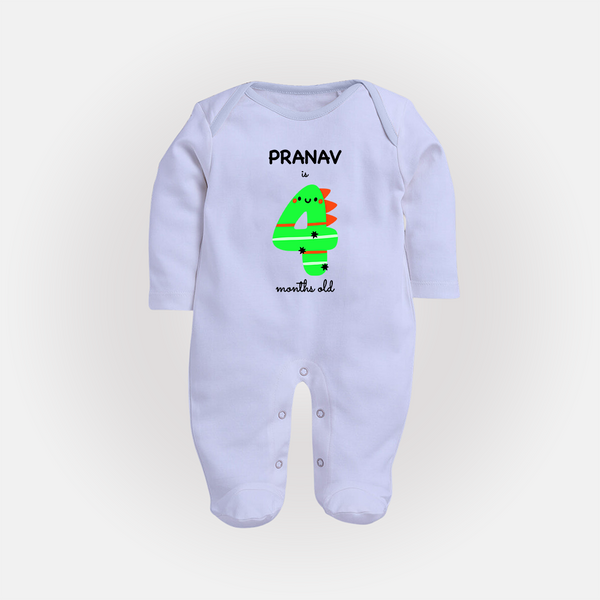 Milestone Full Sleeve Bodysuit/ Sleep Suit/ Jumpsuit for 4th Month | Soft Cotton Personalized Full Sleeve Bodysuit/ Sleep Suit/ Jumpsuit | Unisex Design - BABY BLUE - New Born (Chest 7.5")