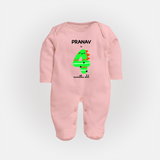 Milestone Full Sleeve Bodysuit/ Sleep Suit/ Jumpsuit for 4th Month | Soft Cotton Personalized Full Sleeve Bodysuit/ Sleep Suit/ Jumpsuit | Unisex Design - BABY PINK - New Born (Chest 7.5")