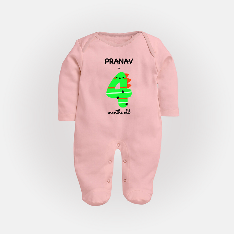 Milestone Full Sleeve Bodysuit/ Sleep Suit/ Jumpsuit for 4th Month | Soft Cotton Personalized Full Sleeve Bodysuit/ Sleep Suit/ Jumpsuit | Unisex Design - BABY PINK - New Born (Chest 7.5")