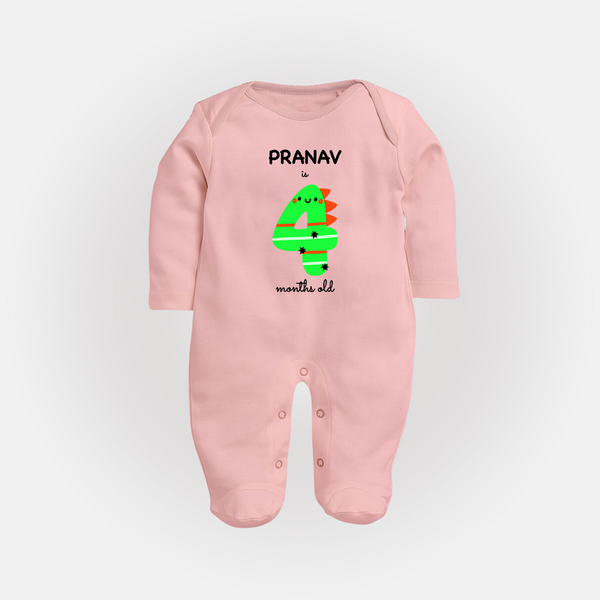 Milestone Full Sleeve Bodysuit/ Sleep Suit/ Jumpsuit for 4th Month | Soft Cotton Personalized Full Sleeve Bodysuit/ Sleep Suit/ Jumpsuit | Unisex Design - BABY PINK - New Born (Chest 7.5")