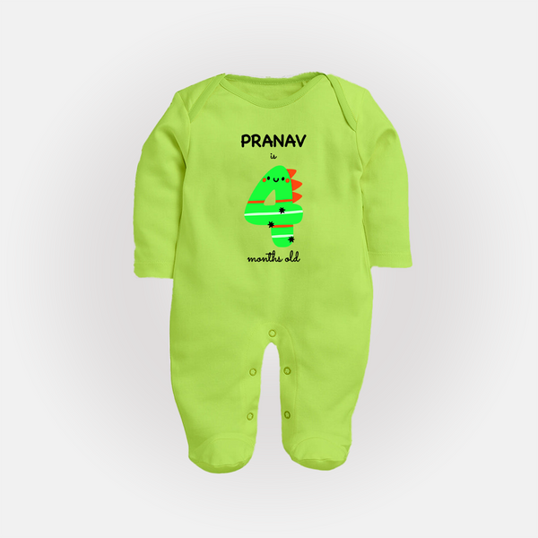 Milestone Full Sleeve Bodysuit/ Sleep Suit/ Jumpsuit for 4th Month | Soft Cotton Personalized Full Sleeve Bodysuit/ Sleep Suit/ Jumpsuit | Unisex Design - LIME GREEN - New Born (Chest 7.5")