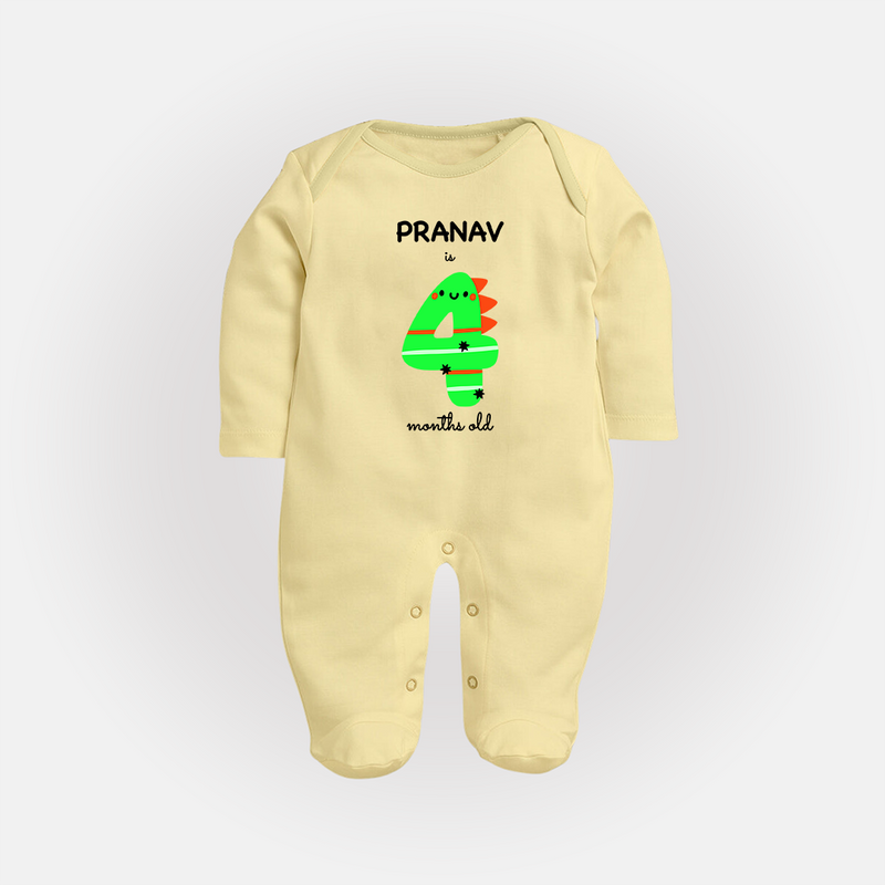 Milestone Full Sleeve Bodysuit/ Sleep Suit/ Jumpsuit for 4th Month | Soft Cotton Personalized Full Sleeve Bodysuit/ Sleep Suit/ Jumpsuit | Unisex Design - PASTEL YELLOW - New Born (Chest 7.5")