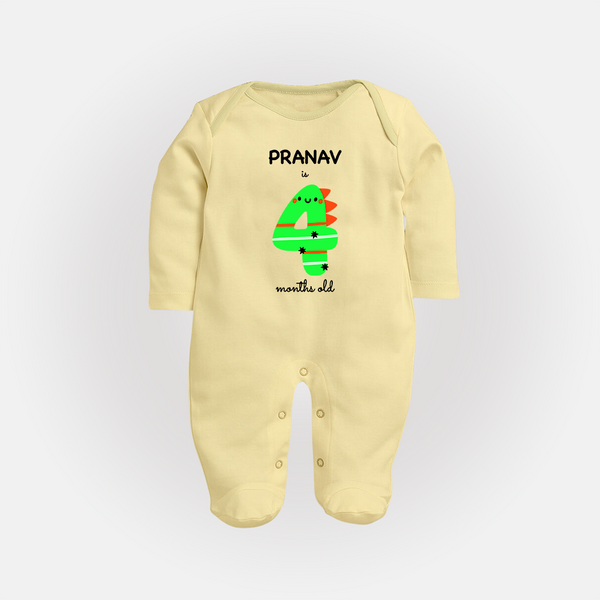 Milestone Full Sleeve Bodysuit/ Sleep Suit/ Jumpsuit for 4th Month | Soft Cotton Personalized Full Sleeve Bodysuit/ Sleep Suit/ Jumpsuit | Unisex Design - PASTEL YELLOW - New Born (Chest 7.5")