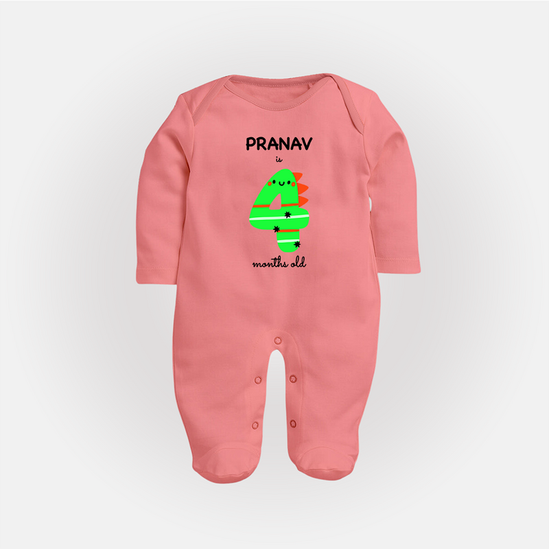 Milestone Full Sleeve Bodysuit/ Sleep Suit/ Jumpsuit for 4th Month | Soft Cotton Personalized Full Sleeve Bodysuit/ Sleep Suit/ Jumpsuit | Unisex Design - PEACH - New Born (Chest 7.5")