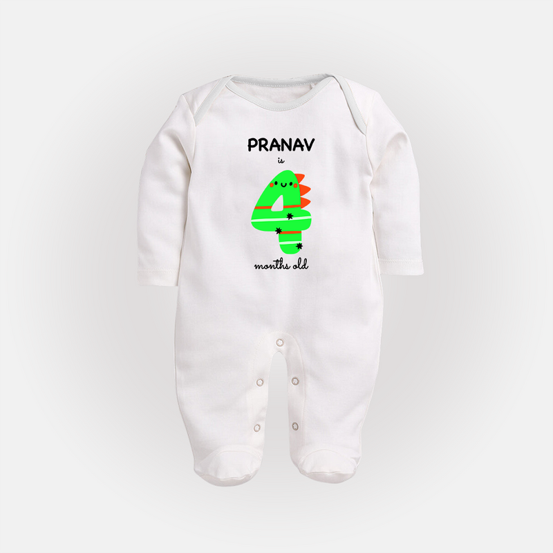Milestone Full Sleeve Bodysuit/ Sleep Suit/ Jumpsuit for 4th Month | Soft Cotton Personalized Full Sleeve Bodysuit/ Sleep Suit/ Jumpsuit | Unisex Design - WHITE - New Born (Chest 7.5")