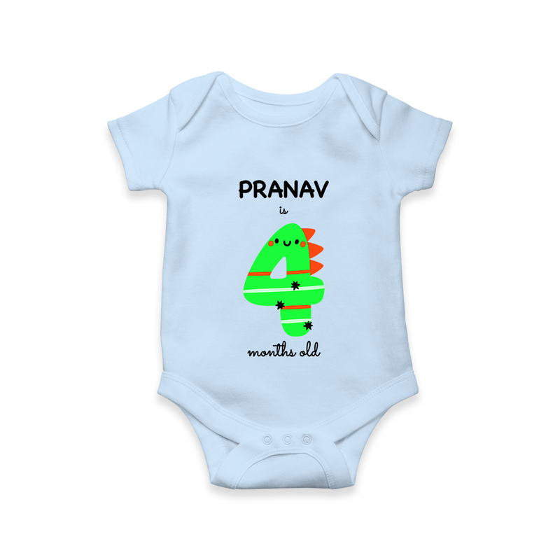 Milestone Romper for 4th Month | Soft Cotton Personalized Romper/Onesie | Unisex Design - BABY BLUE - New Born (Chest 14")