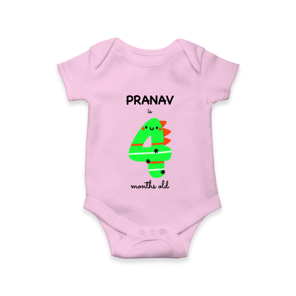 Milestone Romper for 4th Month | Soft Cotton Personalized Romper/Onesie | Unisex Design - BABY PINK - New Born (Chest 14")