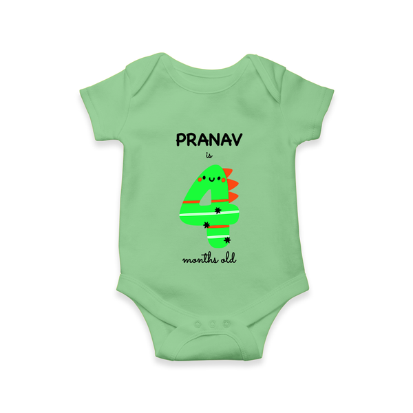 Milestone Romper for 4th Month | Soft Cotton Personalized Romper/Onesie | Unisex Design - GREEN - New Born (Chest 14")