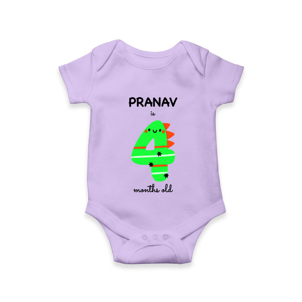 Milestone Romper for 4th Month | Soft Cotton Personalized Romper/Onesie | Unisex Design - LILAC - New Born (Chest 14")