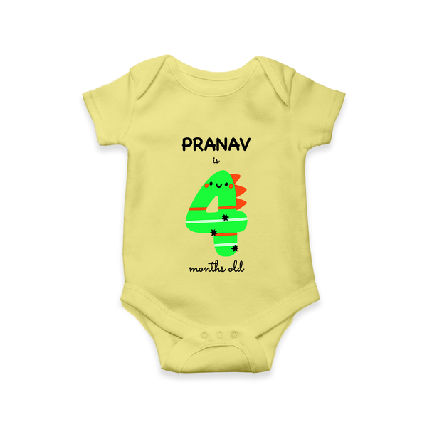 Milestone Romper for 4th Month | Soft Cotton Personalized Romper/Onesie | Unisex Design - PASTEL YELLOW - New Born (Chest 14")
