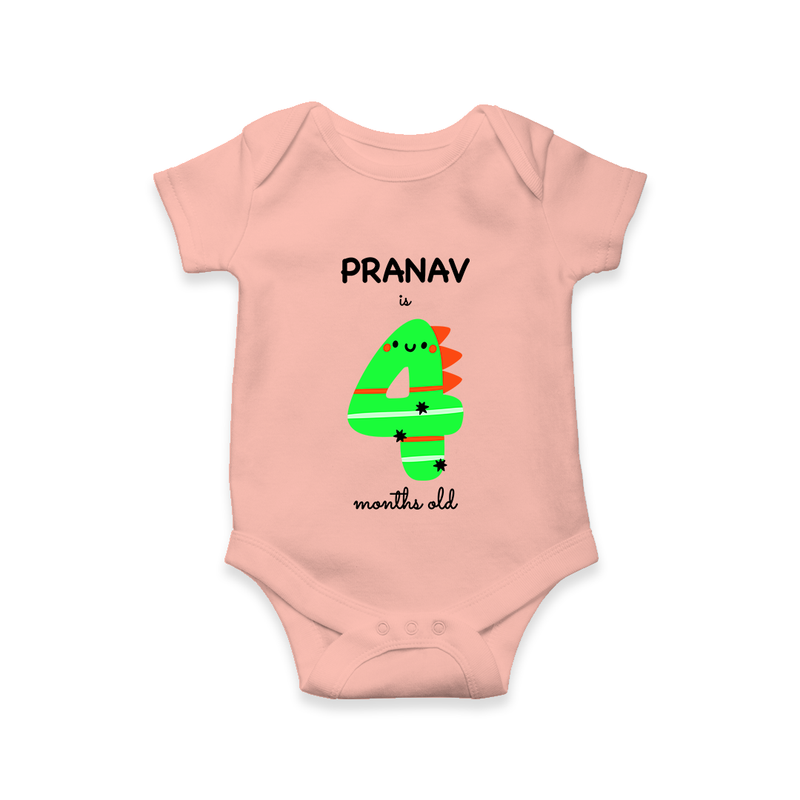 Milestone Romper for 4th Month | Soft Cotton Personalized Romper/Onesie | Unisex Design - PEACH - New Born (Chest 14")