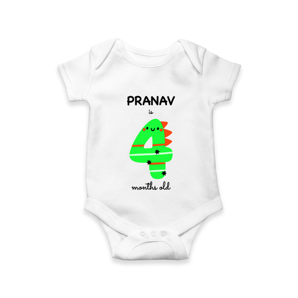 Milestone Romper for 4th Month | Soft Cotton Personalized Romper/Onesie | Unisex Design - WHITE - New Born (Chest 14")