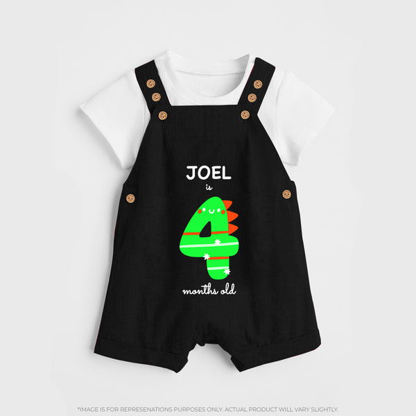 Milestone Dungaree Set for 4th Month | Soft Cotton Personalized Dungaree Set | Unisex Design - BLACK - 0 - 5 Months Old (Chest 18")