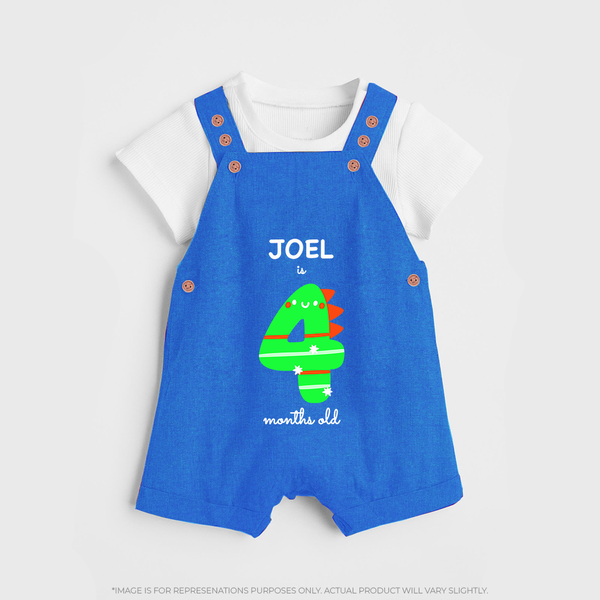 Milestone Dungaree Set for 4th Month | Soft Cotton Personalized Dungaree Set | Unisex Design - COBALT BLUE - 0 - 5 Months Old (Chest 18")