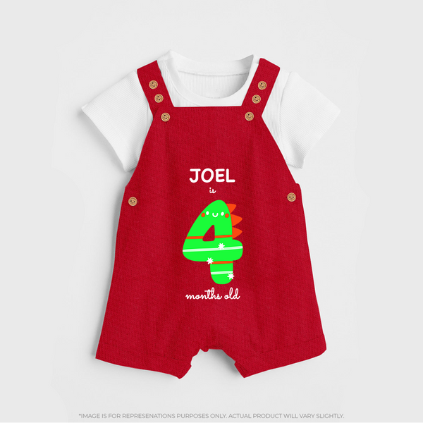 Milestone Dungaree Set for 4th Month | Soft Cotton Personalized Dungaree Set | Unisex Design - RED - 0 - 5 Months Old (Chest 18")