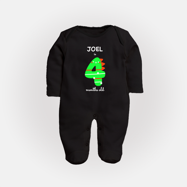 Milestone Full Sleeve Bodysuit/ Sleep Suit/ Jumpsuit for 4th Month | Soft Cotton Personalized Full Sleeve Bodysuit/ Sleep Suit/ Jumpsuit | Unisex Design - BLACK - New Born (Chest 7.5")