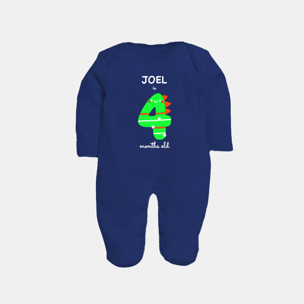 Milestone Full Sleeve Bodysuit/ Sleep Suit/ Jumpsuit for 4th Month | Soft Cotton Personalized Full Sleeve Bodysuit/ Sleep Suit/ Jumpsuit | Unisex Design - NAVY BLUE - New Born (Chest 7.5")