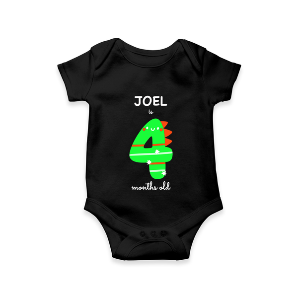 Milestone Romper for 4th Month | Soft Cotton Personalized Romper/Onesie | Unisex Design - BLACK - New Born (Chest 14")