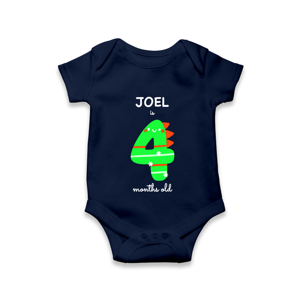 Milestone Romper for 4th Month | Soft Cotton Personalized Romper/Onesie | Unisex Design - NAVY BLUE - New Born (Chest 14")
