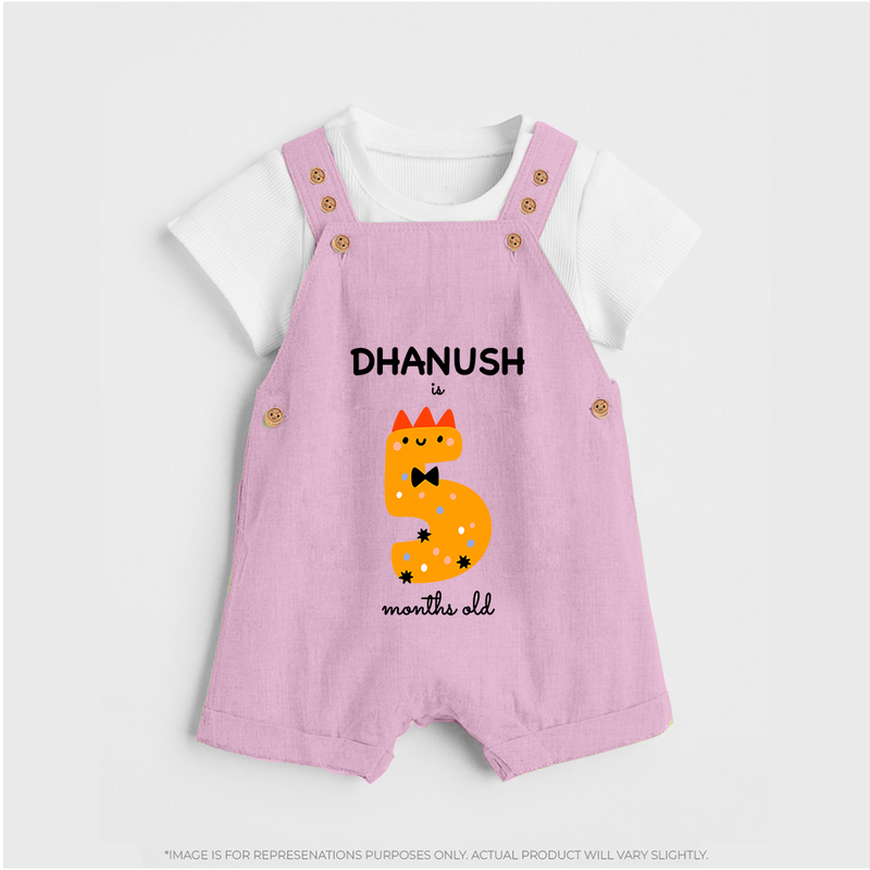 Milestone Dungaree Set for 5th Month | Soft Cotton Personalized Dungaree Set | Unisex Design - BABY PINK - 0 - 5 Months Old (Chest 18")