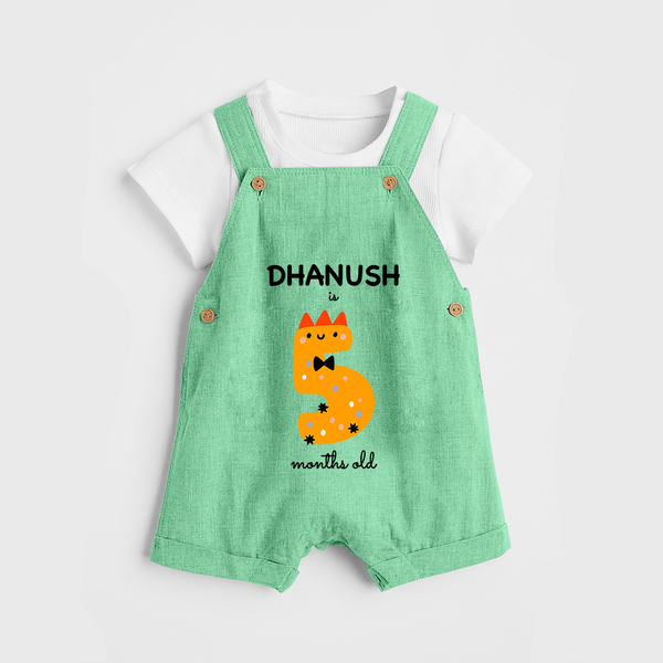 Milestone Dungaree Set for 5th Month | Soft Cotton Personalized Dungaree Set | Unisex Design - GREEN - 0 - 5 Months Old (Chest 18")