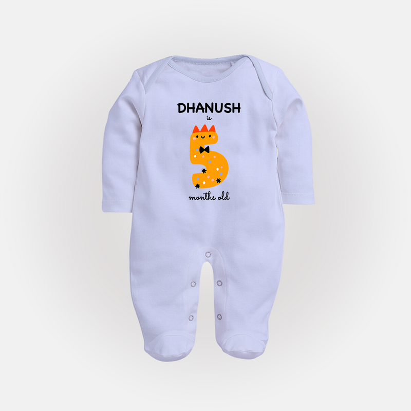 Milestone Full Sleeve Bodysuit/ Sleep Suit/ Jumpsuit for 5th Month | Soft Cotton Personalized Full Sleeve Bodysuit/ Sleep Suit/ Jumpsuit | Unisex Design - BABY BLUE - New Born (Chest 7.5")