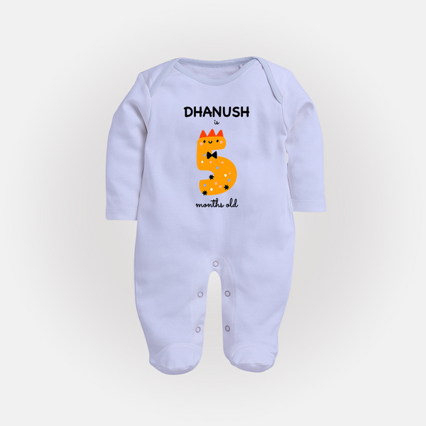 Milestone Full Sleeve Bodysuit/ Sleep Suit/ Jumpsuit for 5th Month | Soft Cotton Personalized Full Sleeve Bodysuit/ Sleep Suit/ Jumpsuit | Unisex Design - BABY BLUE - New Born (Chest 7.5")