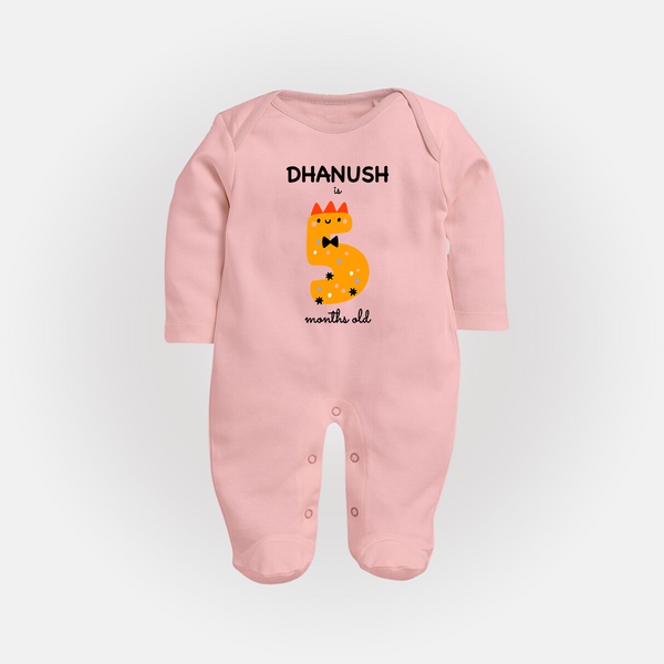 Milestone Full Sleeve Bodysuit/ Sleep Suit/ Jumpsuit for 5th Month | Soft Cotton Personalized Full Sleeve Bodysuit/ Sleep Suit/ Jumpsuit | Unisex Design - BABY PINK - New Born (Chest 7.5")