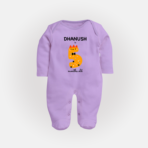 Milestone Full Sleeve Bodysuit/ Sleep Suit/ Jumpsuit for 5th Month | Soft Cotton Personalized Full Sleeve Bodysuit/ Sleep Suit/ Jumpsuit | Unisex Design - LILAC - New Born (Chest 7.5")