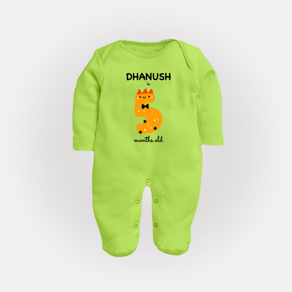 Milestone Full Sleeve Bodysuit/ Sleep Suit/ Jumpsuit for 5th Month | Soft Cotton Personalized Full Sleeve Bodysuit/ Sleep Suit/ Jumpsuit | Unisex Design - LIME GREEN - New Born (Chest 7.5")
