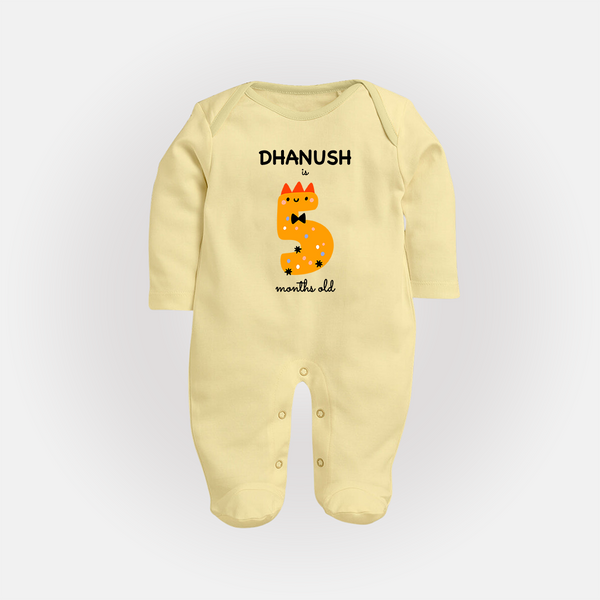 Milestone Full Sleeve Bodysuit/ Sleep Suit/ Jumpsuit for 5th Month | Soft Cotton Personalized Full Sleeve Bodysuit/ Sleep Suit/ Jumpsuit | Unisex Design - PASTEL YELLOW - New Born (Chest 7.5")