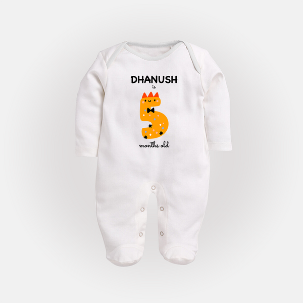 Milestone Full Sleeve Bodysuit/ Sleep Suit/ Jumpsuit for 5th Month | Soft Cotton Personalized Full Sleeve Bodysuit/ Sleep Suit/ Jumpsuit | Unisex Design - WHITE - New Born (Chest 7.5")