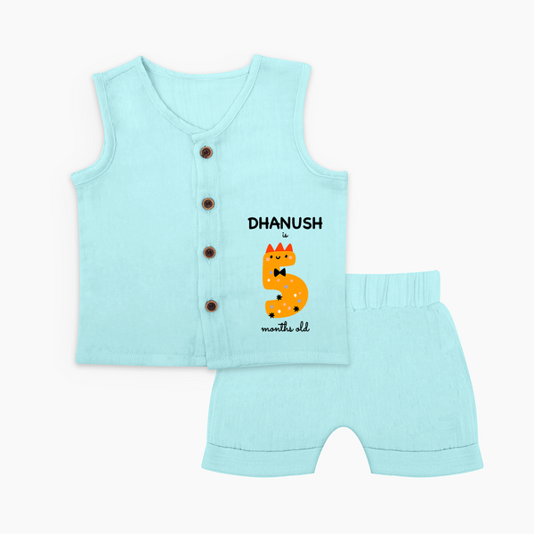 Milestone Jabla Set for 5th Month | Soft Cotton Personalized Jabla Set | Unisex Design - BABY BLUE - 0 - 3 Months Old (Chest 9.8")