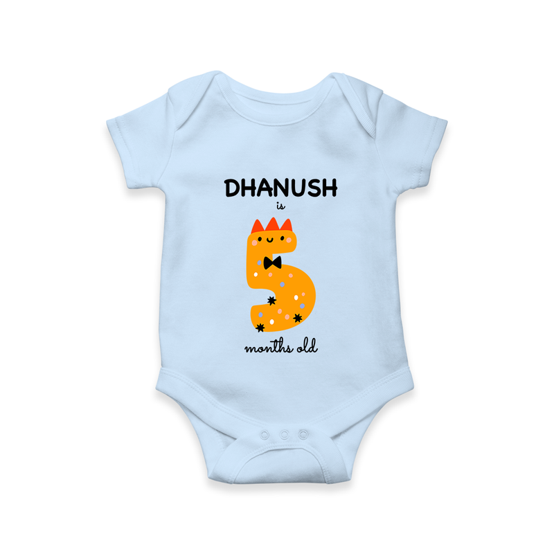 Milestone Romper for 5th Month | Soft Cotton Personalized Romper/Onesie | Unisex Design - BABY BLUE - New Born (Chest 14")