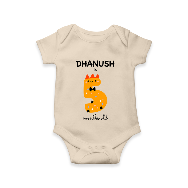 Milestone Romper for 5th Month | Soft Cotton Personalized Romper/Onesie | Unisex Design - IVORY - New Born (Chest 14")