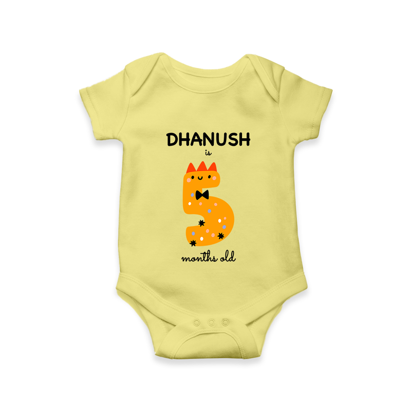 Milestone Romper for 5th Month | Soft Cotton Personalized Romper/Onesie | Unisex Design - PASTEL YELLOW - New Born (Chest 14")