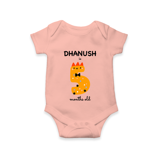 Milestone Romper for 5th Month | Soft Cotton Personalized Romper/Onesie | Unisex Design - PEACH - New Born (Chest 14")