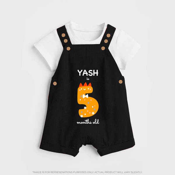Milestone Dungaree Set for 5th Month | Soft Cotton Personalized Dungaree Set | Unisex Design - BLACK - 0 - 5 Months Old (Chest 18")