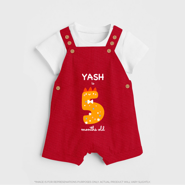 Milestone Dungaree Set for 5th Month | Soft Cotton Personalized Dungaree Set | Unisex Design - RED - 0 - 5 Months Old (Chest 18")