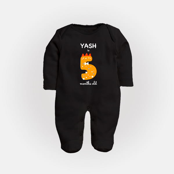 Milestone Full Sleeve Bodysuit/ Sleep Suit/ Jumpsuit for 5th Month | Soft Cotton Personalized Full Sleeve Bodysuit/ Sleep Suit/ Jumpsuit | Unisex Design - BLACK - New Born (Chest 7.5")