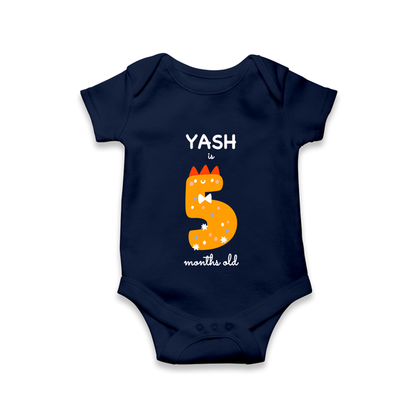 Milestone Romper for 5th Month | Soft Cotton Personalized Romper/Onesie | Unisex Design - NAVY BLUE - New Born (Chest 14")