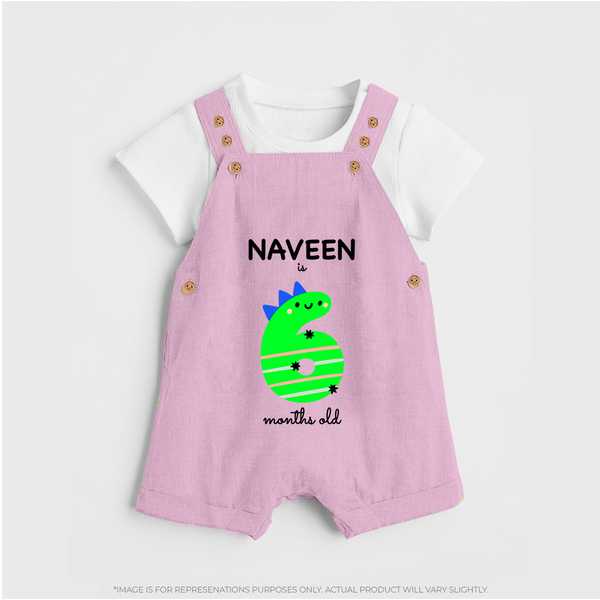 Milestone Dungaree Set for 6th Month | Soft Cotton Personalized Dungaree Set | Unisex Design - BABY PINK - 0 - 5 Months Old (Chest 18")
